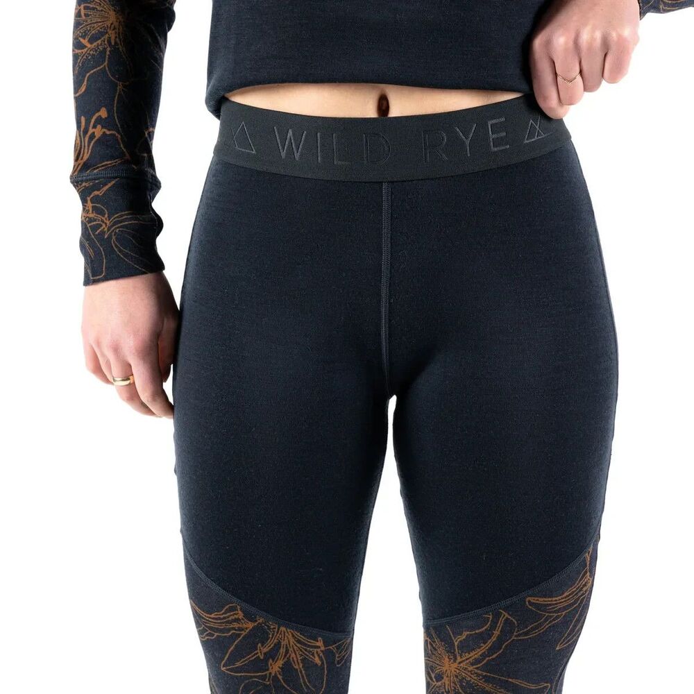 Wild Rye Jane Merino Wool Base Layer Leggings Womens 6 Black Gray Floral Idaho